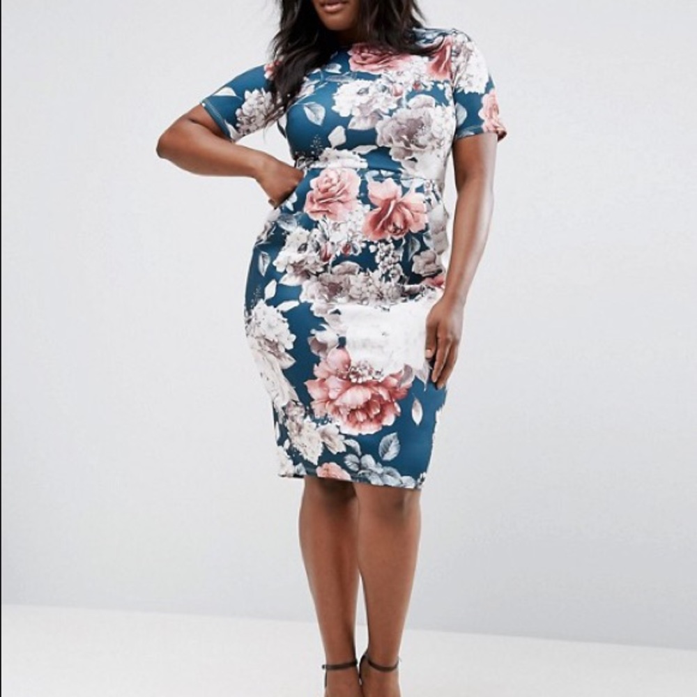 ASOS Curve Wiggle Dress Floral Print Blue Pink